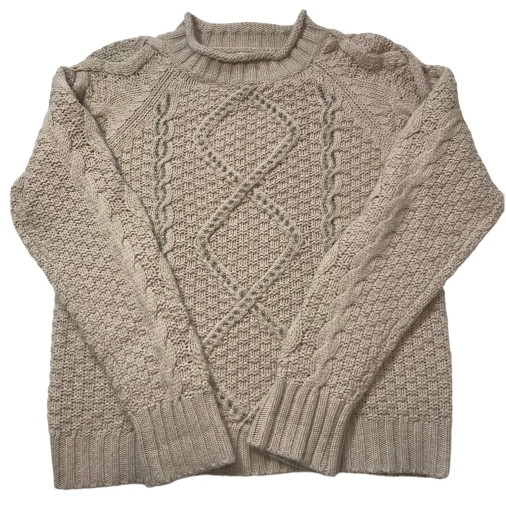 J Crew Factory Women’s Cable Knit Sweater Merino Wool Blend Beaded Cream…